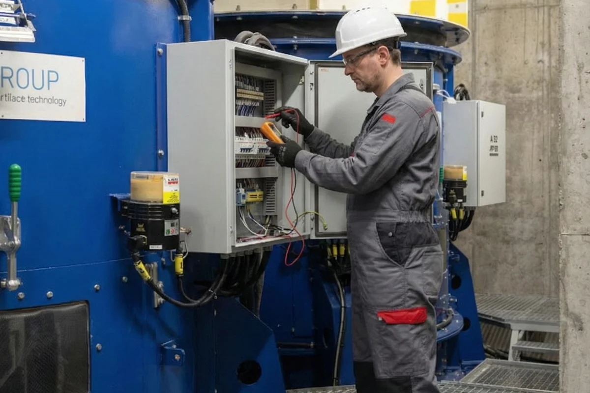 En TunnelTech-serviceingeniør utfører elektrisk vedlikehold på drivsystemet til en TT65 Pro vindtunnel ved Qatar Military Training Simulator (QMTS). Stående på metallristen i servicegalleriet bruker teknikeren et multimeter for å teste koblinger inne i en lokal kontrollboks montert på det blå viftemotorhuset. Enheten har et automatisk lagersmøresystem festet til huset. Dette 6,5-meters dobbeltløyfeanlegget bruker høyeffekt elektriske motorer som krever regelmessig inspeksjon av elektriske grensesnitt.