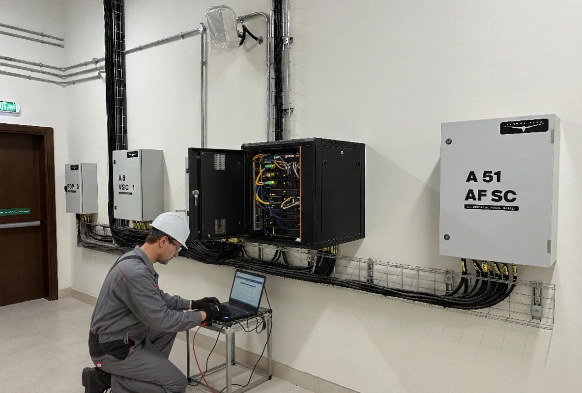 Un ingénieur de service TunnelTech effectue la maintenance de l'infrastructure du système de contrôle d'une soufflerie TT65 Pro.