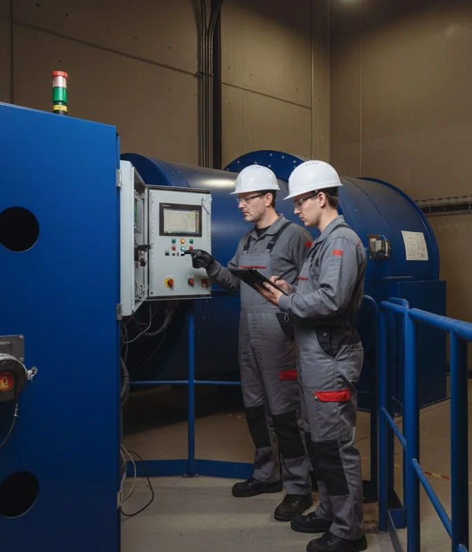 Kaksi TunnelTechin asiantuntijaa suorittaa tarkkaa diagnostiikkaa tuulitunnelin pääohjausliittymässä. Yhden insinöörin säätäessä parametreja avoimen sinisen kaapin HMI-kosketusnäytöltä – joka sisältää TunnelTechin sisäisesti kehittämää automaatiolaitteistoa – toinen vertaa reaaliaikaisia tietoja tabletilla. Taustalla erottuva sininen kanavarakenne korostaa teollisuuslaitoksen mittakaavaa.