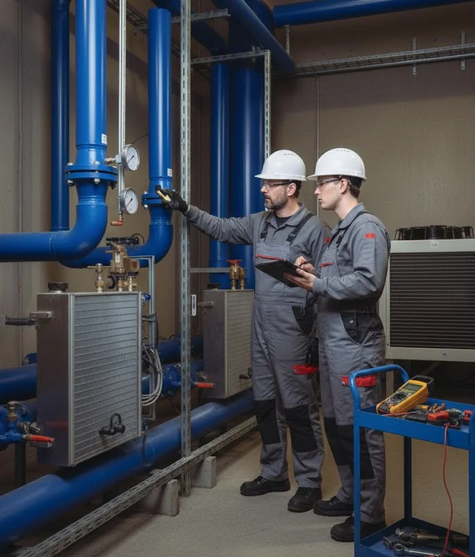 Dvaja servisní technici TunnelTech vykonávajú údržbu infraštruktúry hydraulického chladenia zariadenia. Jeden inžinier overuje údaje na tlakomere na modrej sieti potrubia chladiacej kvapaliny, zatiaľ čo kolega zaznamenáva prevádzkové údaje na tablete. Strojovňa obsahuje komponenty výmenníka tepla a potrubné systémy, ktoré regulujú prietok chladiacej kvapaliny k vodiacim lopatkám veterného tunela. Servisný vozík v popredí obsahuje digitálny multimeter a rôzne ručné náradie používané na diagnostiku a opravy systému.