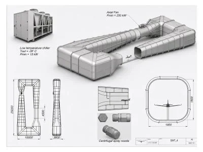 Engineering drawing sheet of a climate-capable wind-tunnel configuration with chiller and cooling systems integrated into the circuit