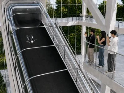 Banana WS inclined flight chamber seen from above, with spectators on the viewing platform