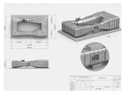 Engineering drawing sheet of a large full-aircraft wind-tunnel configuration with plan, elevation and isometric views