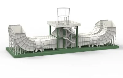 JetFly 5 m open-airflow wind tunnel, concept render v2.1 — with green base plate and stair structure