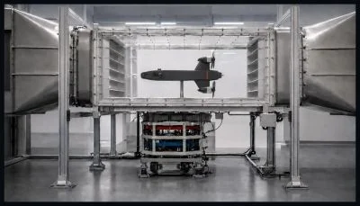 Fixed-wing interceptor UAV mounted on a powered test rig inside a wind-tunnel test section