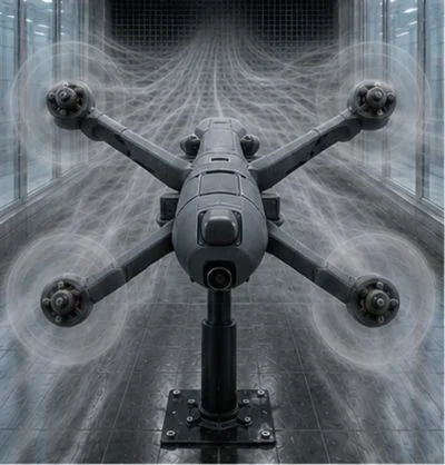 Multirotor UAV under a gusting wind profile in a wind-tunnel test section, airflow shown as streamlines