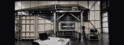 Research wind-tunnel hall: UAV in the test section, camera on a tripod and a measurement workstation with drawings