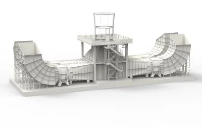 JetFly 5 m open-airflow wind tunnel, concept render v1.1 — twin curved ducts and central elevated platform