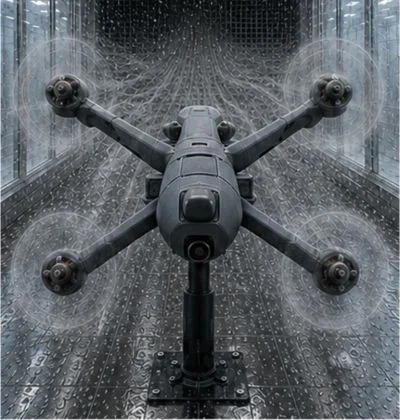 Multirotor UAV under heavy rain and water spray in a wind-tunnel test section