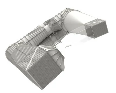 Banana WS inclined wind tunnel — cutaway render of the complete single-loop circuit: fan section, ducts, turning vanes and inclined flight chamber