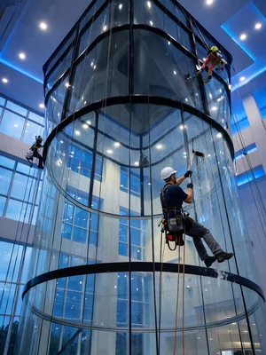 Wind tunnel glass cleaning with rope access