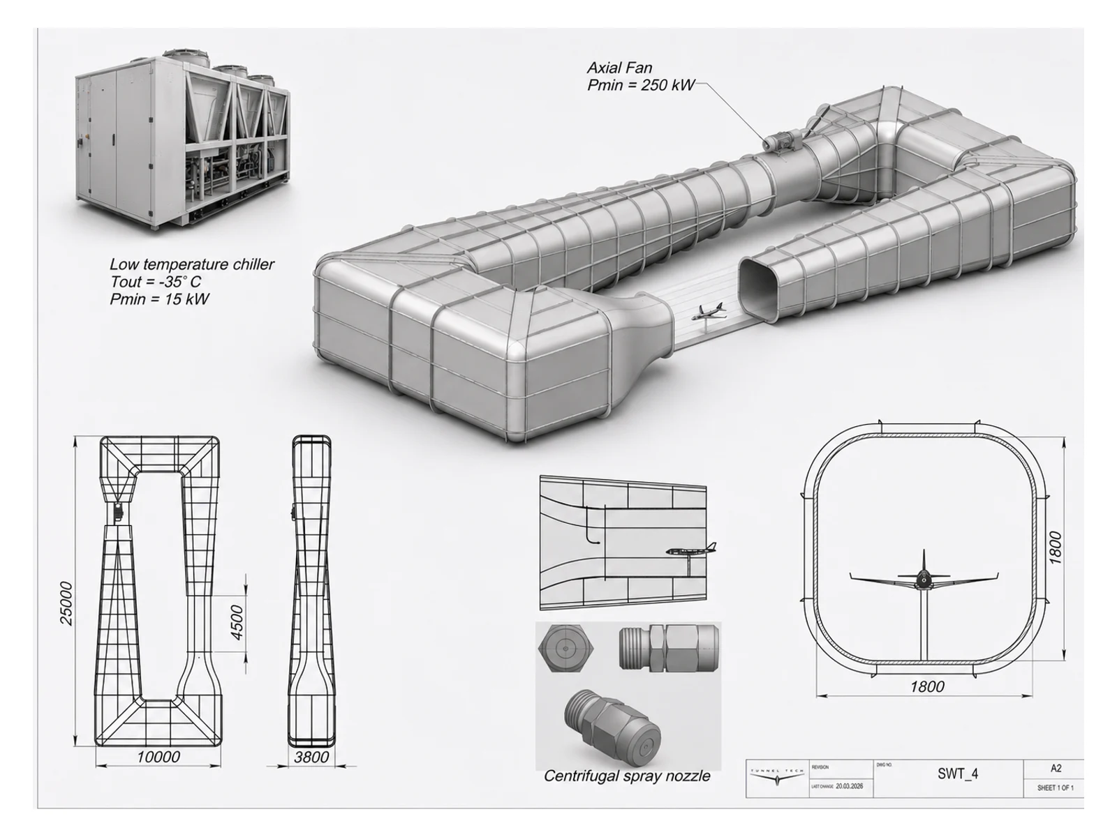 Engineering drawing of a horizontal wind tunnel with climate and water-exposure systems