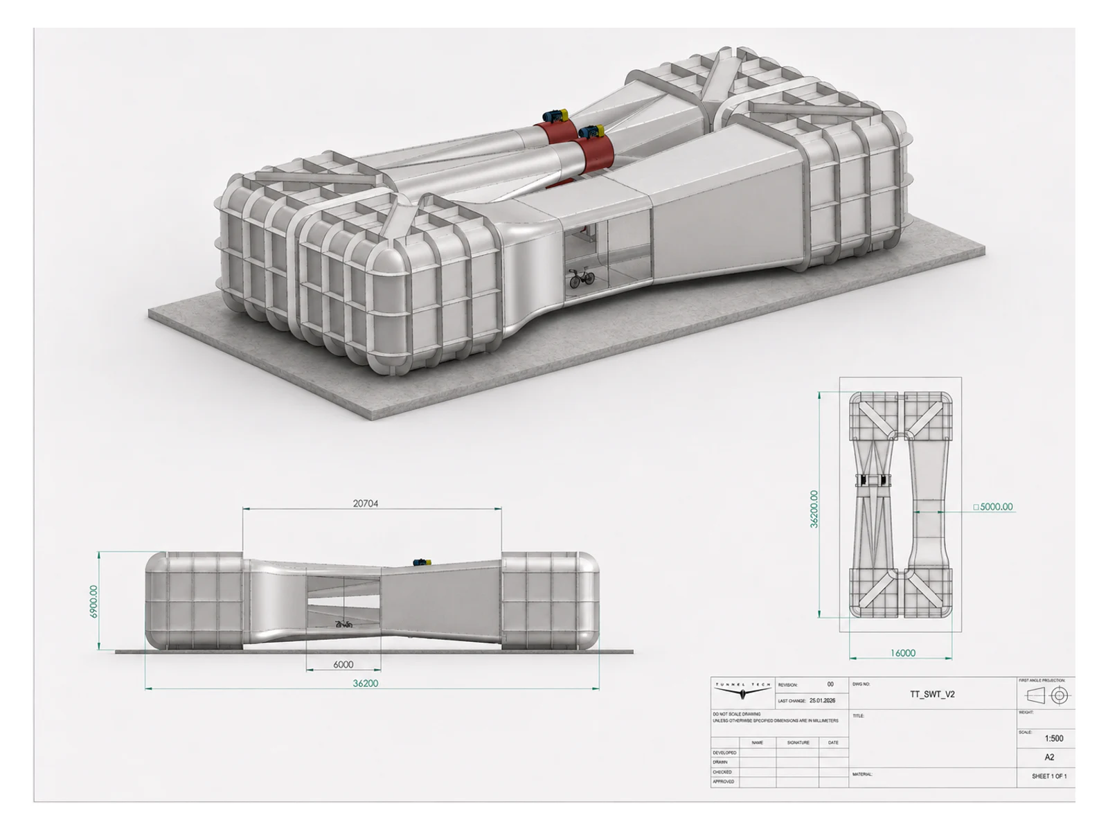 Complete engineering drawing of a compact closed-loop wind tunnel concept