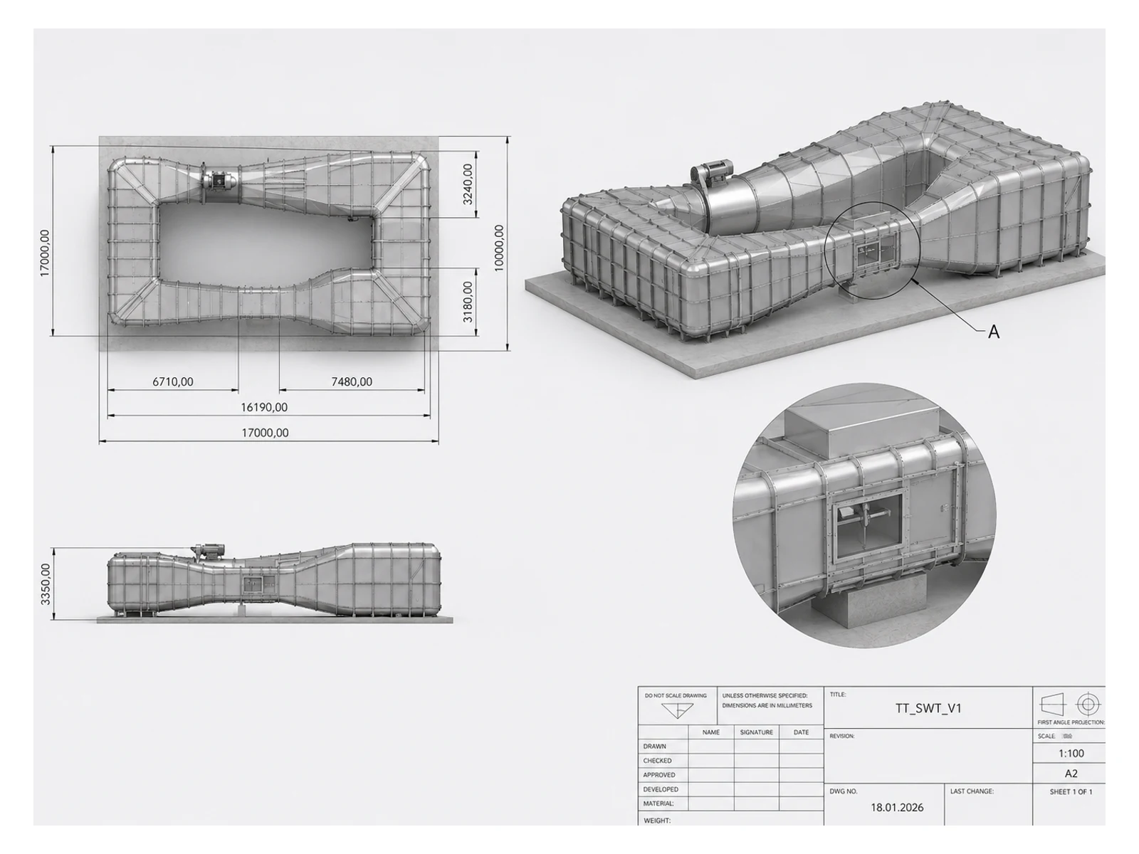 Complete engineering drawing of a large closed-loop UAV wind tunnel concept