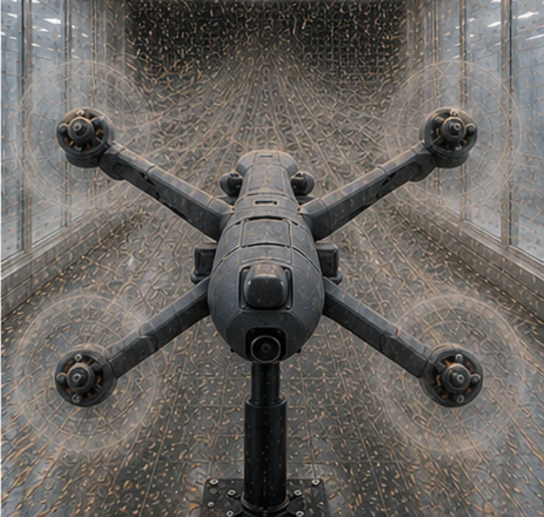 UAV multirotore sottoposto a carico combinato di vento, acqua e particolato in una sezione di prova della galleria del vento