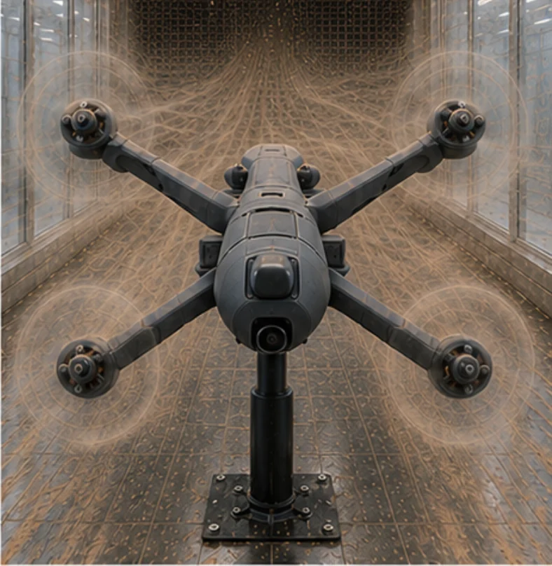 UAV multirotore in un flusso d'aria carico di sabbia e polvere all'interno di una sezione di prova della galleria del vento