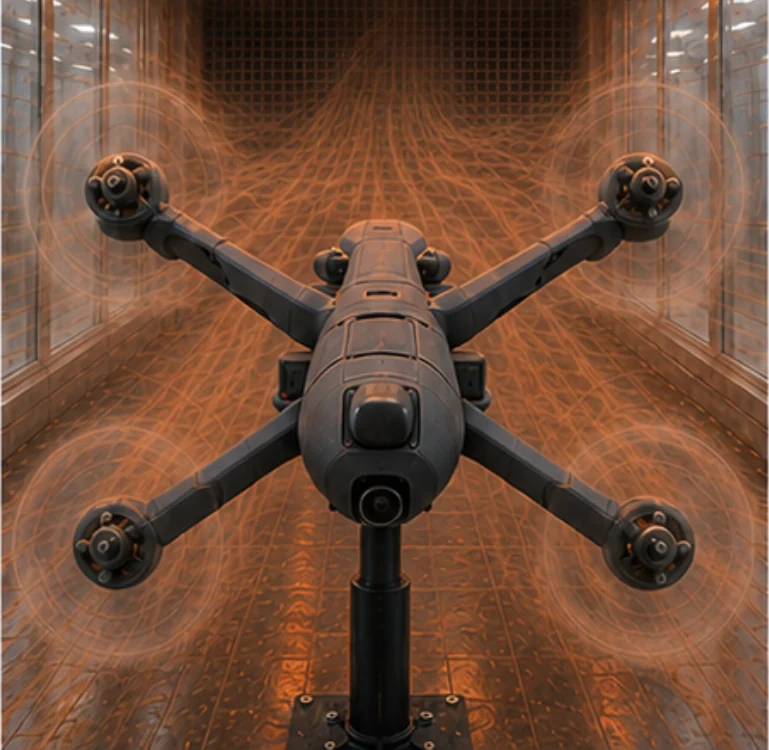 UAV multirotore sottoposto a condizionamento termico con calore radiante in una sezione di prova della galleria del vento