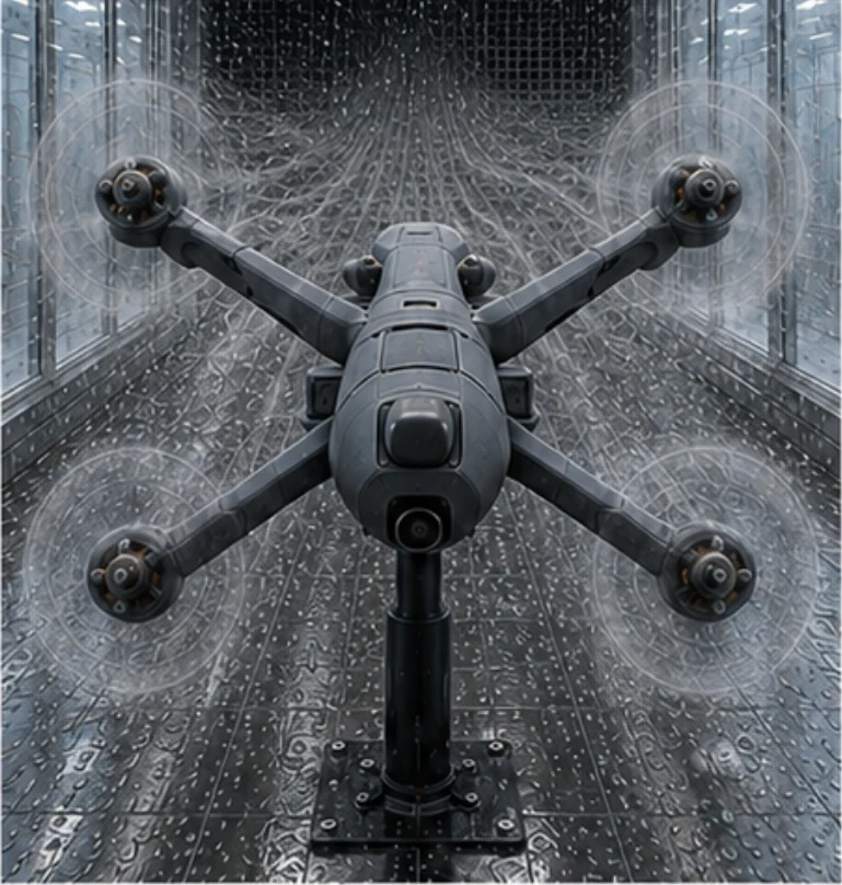 UAV multirotore sotto forte pioggia e spruzzi d'acqua in una sezione di prova della galleria del vento