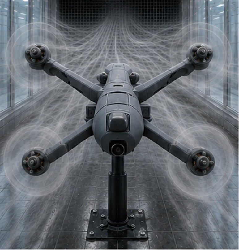 UAV multirotore in una sezione di prova della galleria del vento sotto un profilo di vento a raffiche, flusso d'aria mostrato come linee di flusso