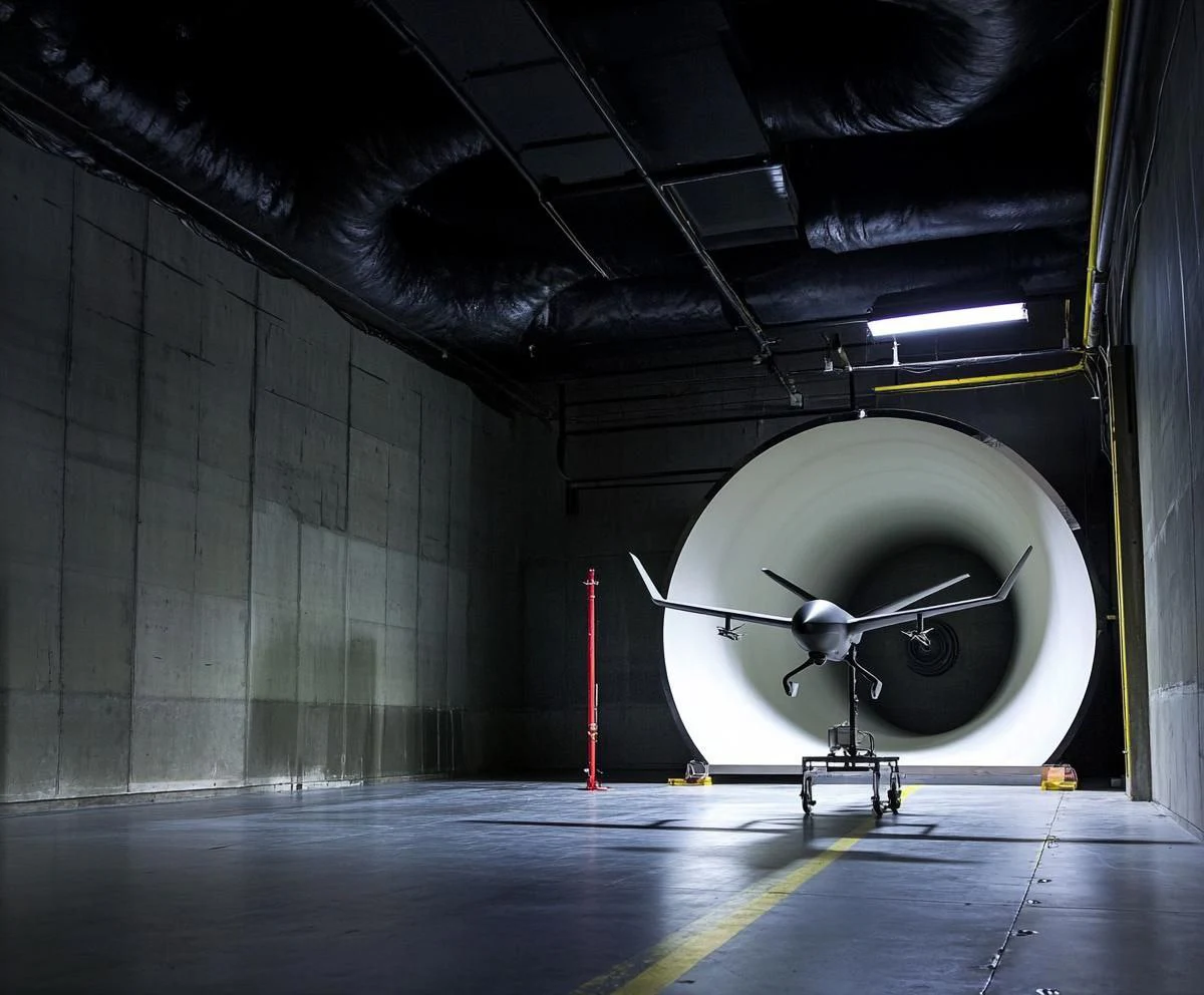 Concept visualization of a UAV positioned for testing in a wind tunnel