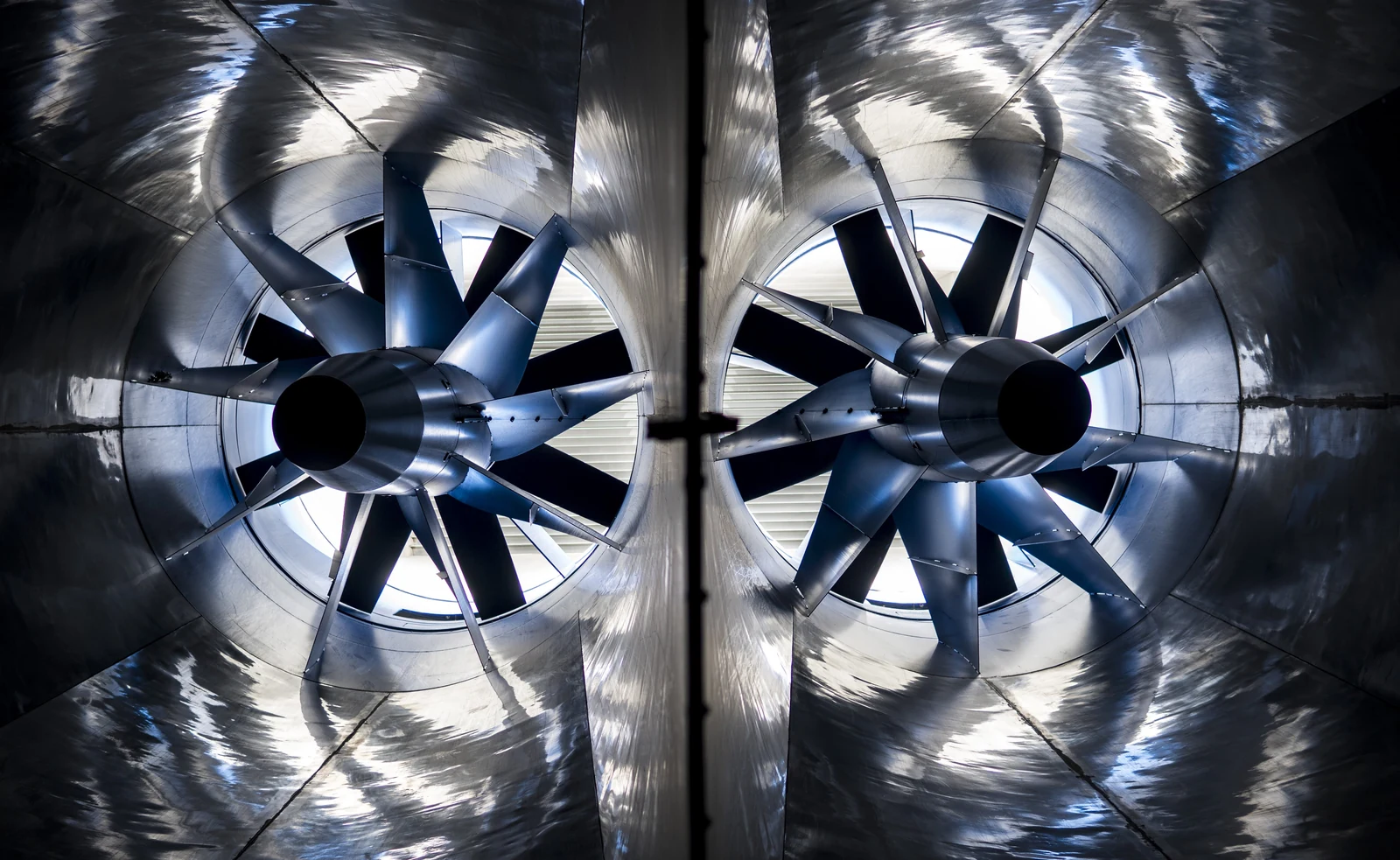 Installed axial fans inside a completed wind tunnel circuit
