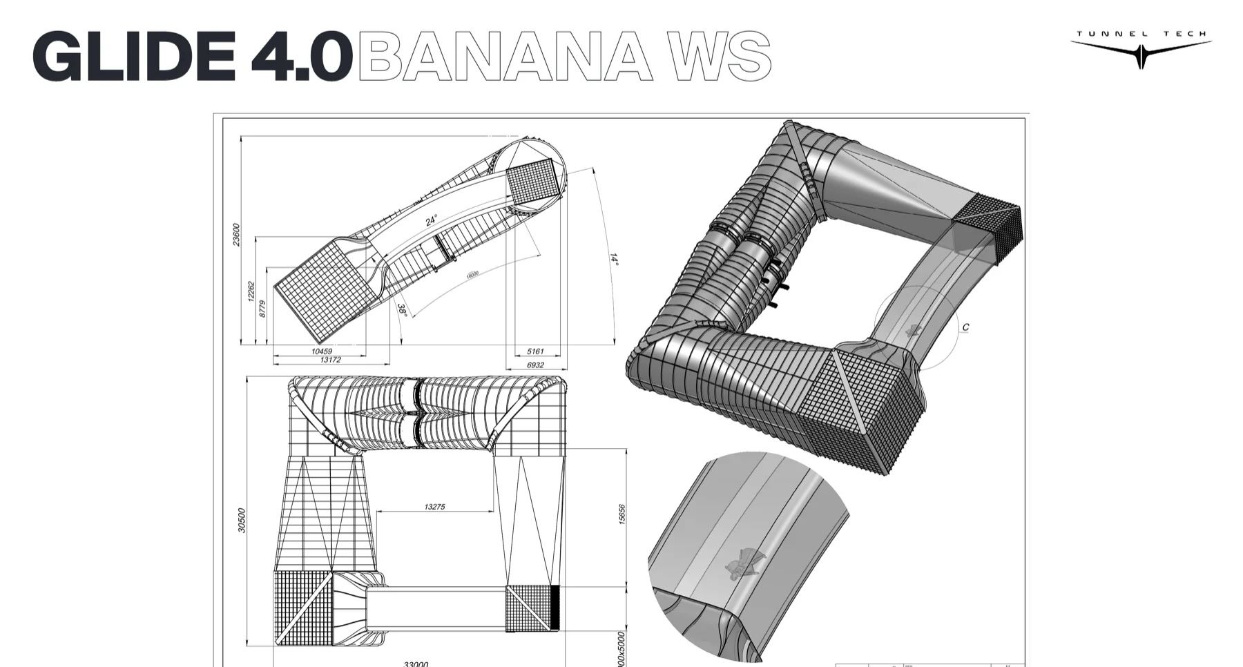 Disegno tecnico del circuito della galleria del vento inclinata a circuito chiuso Glide 4.0, viste isometriche e in pianta