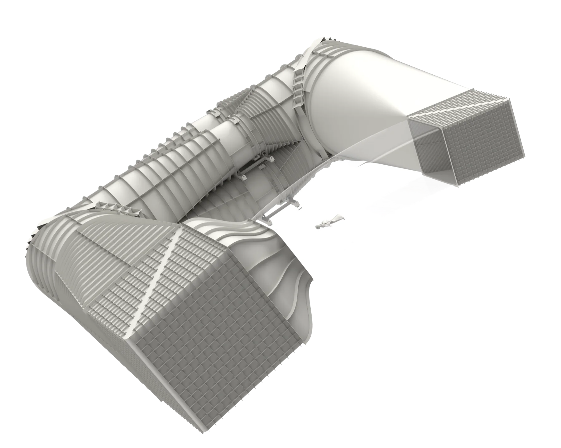 Galleria del vento inclinata Banana WS — render 3D del circuito completo: sezione ventilatori, condotti, alette guida e camera di volo in vetro inclinata