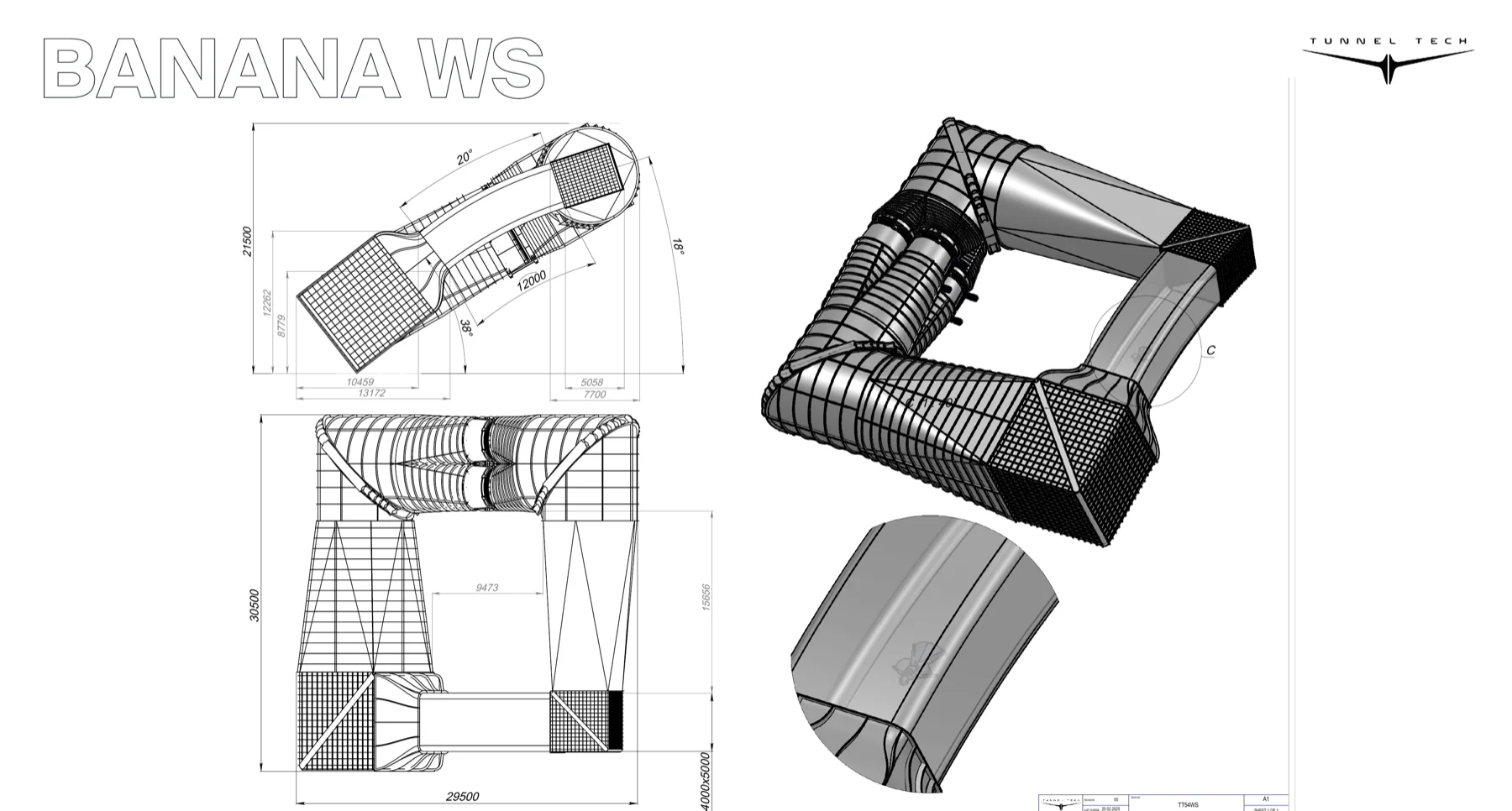 Disegno tecnico del circuito della galleria del vento inclinata a singolo anello Banana WS, viste in pianta e in alzato